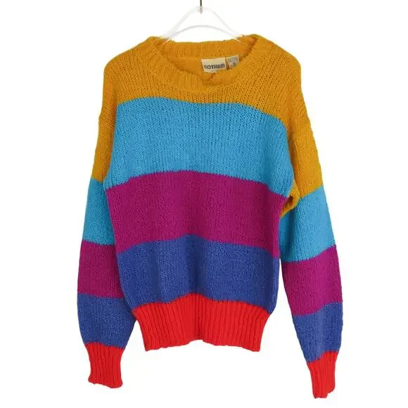 1950s GOTHAM Vintage Multicolor Rainbow Striped Knit Crewneck Sweater Medium - Picture 4 of 5
